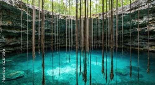 Panoramic view of a cenote, sunlight streams through vines into turquoise water