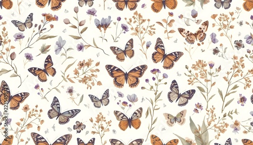 Delicate Blue and Brown Butterflies on White Seamless Pattern