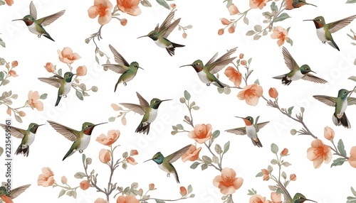 Realistic Hummingbirds and Flowering Branches Seamless Pattern