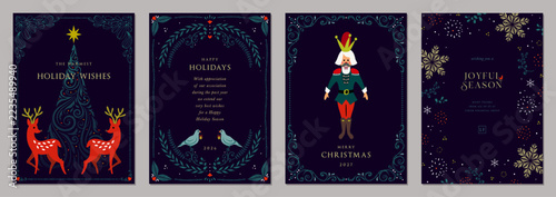 Luxury Christmas vector templates. Winter Holiday cards with decorative Christmas Tree, doves, snowflakes, reindeers, birds and ornate floral frames with copy space and greetings.