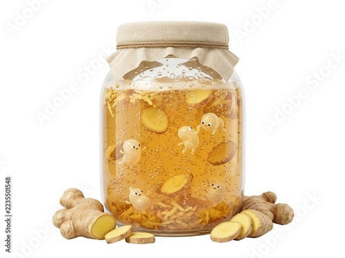 Ginger Bug Fermentation: Glass jar of bubbling ginger starter with ginger roots and tiny yeast characters