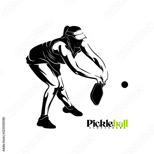 Silhouette of a female pickleball player vector illustration design with black and white design. Logo sport. This sports logo is perfect for branding sports clubs, tournaments, or team shirts.