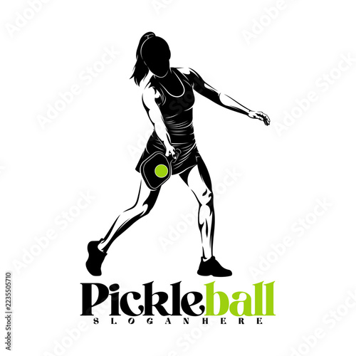 Silhouette of a female pickleball player vector illustration design with black and white design. Logo sport. This sports logo is perfect for branding sports clubs, tournaments, or team shirts.
