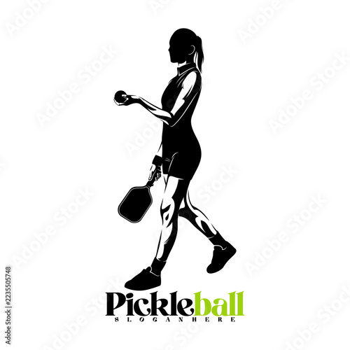 Silhouette of a female pickleball player vector illustration design with black and white design. Logo sport. This sports logo is perfect for branding sports clubs, tournaments, or team shirts.
