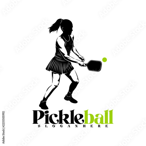 Silhouette of a female pickleball player vector illustration design with black and white design. Logo sport. This sports logo is perfect for branding sports clubs, tournaments, or team shirts.