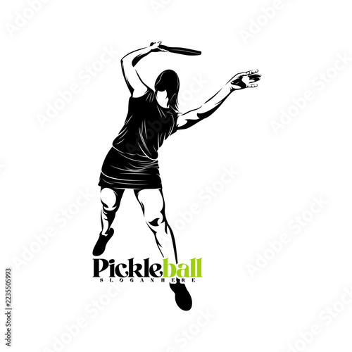 Silhouette of a female pickleball player vector illustration design with black and white design. Logo sport. This sports logo is perfect for branding sports clubs, tournaments, or team shirts.