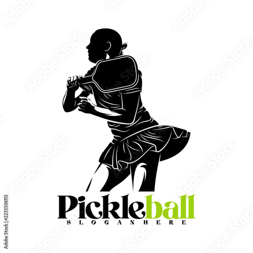 Silhouette of a female pickleball player vector illustration design with black and white design. Logo sport. This sports logo is perfect for branding sports clubs, tournaments, or team shirts.
