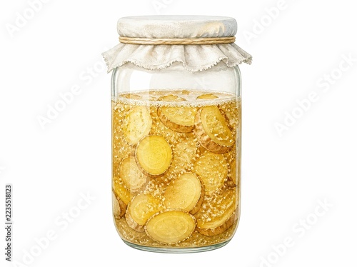 Ginger Bug Fermentation: Glass jar with ginger slices: bubbling culture and natural yeast particles