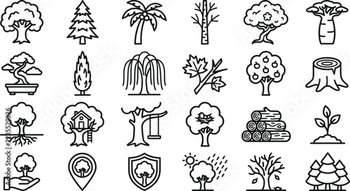 Tree Concept Line Icon Set Nature Ecology Forestry Vector Symbols