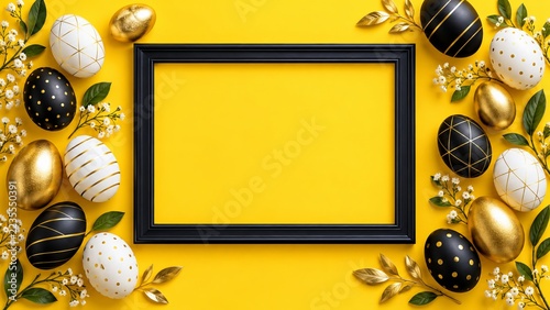Blank black picture frame surrounded by golden, black and white Easter eggs on bright yellow background