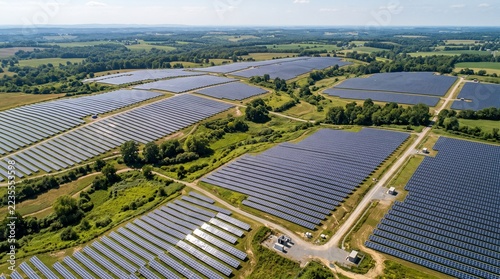 Ultra-realistic aerial photograph of a large solar energy farm covering rolling countryside, thousands of photovoltaic panels arranged in precise parallel rows, green vegetation between sections, brig