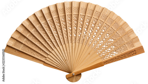 Obraz na plátně Open folding hand fan made of natural bamboo wood with intricate lattice pattern