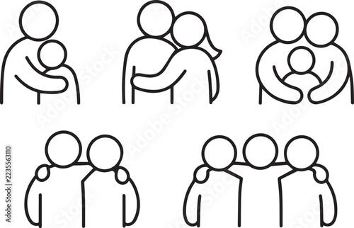 A set of minimalist black and white line icons depicting