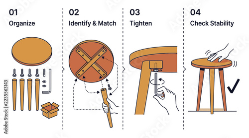 Step by step instructions on how to assemble a small wooden stool with tools and parts shown in a simple line drawing guide illustration