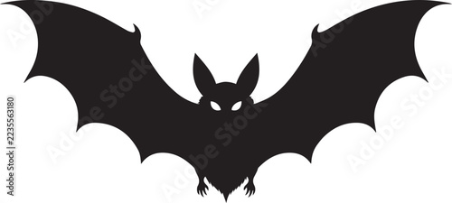 A solid black vector silhouette of a bat with wings