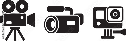 Minimalist vector icons of three different video cameras in a row