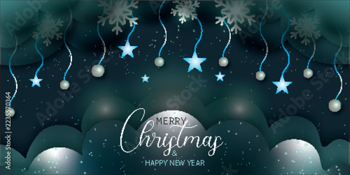 Merry christmas and happy new year background with hanging glowing stars, snowflakes, baubles and snow on dark teal background.