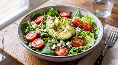 Healthy salad bowl with avocado cherry tomatoes and feta cheese