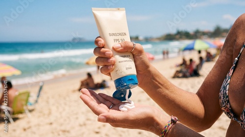 Woman applying sunscreen on her hand at the beach