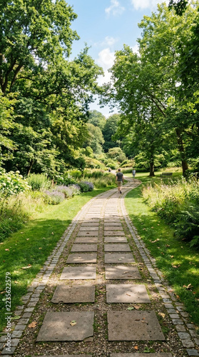 Serene Garden Path Walkway with Lush Greenery and Distant Figures on a Sunny Day