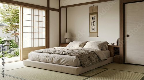 Serene Japanese Bedroom with Garden View Tatami Mats and Zen Scroll