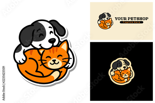 Cute black and white dog embracing orange cat design for pet shop branding.