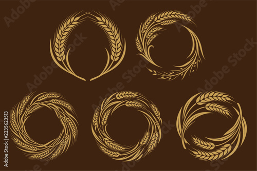 Golden wheat ears frames collection for bakery and agriculture product labels.
