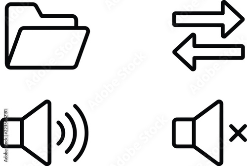 User interface line icon set, open folder, data transfer arrows, volume speaker and mute icons, vector outline symbols for web, app and software design