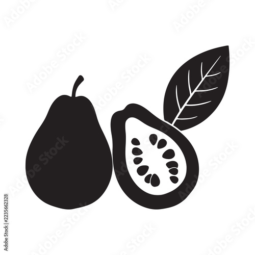 Guava fruit silhouette with cross section and leaf on white background