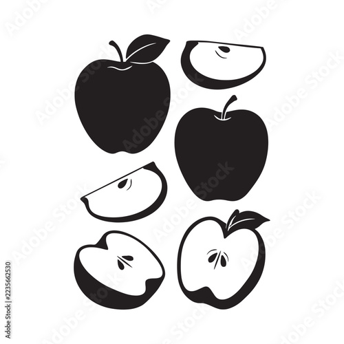 Black silhouette apples and apple slices on a white background