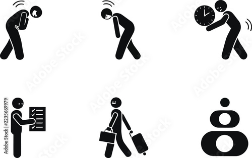 Stick figure pictograms showing work stress, burnout, fatigue, back pain, deadline pressure, business travel and mindful balance