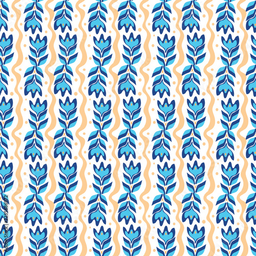 Scandinavian seamless pattern vector background with folk floral botanical ornaments and decorative repeat tile.