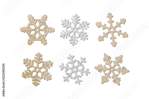 Set of six gold and silver glitter snowflakes, Christmas winter decoration isolated on transparent background, top view, 3D render