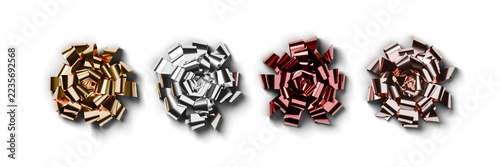 Set of four foil pull bows in gold, silver, red and rose gold, gift decoration isolated on transparent background, top view, 3D render