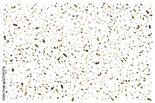 Gold foil confetti scattered over the whole frame, festive overlay isolated on transparent background, top view, 3D render