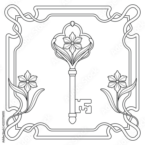 Hand Drawn Vintage Ornamental Skeleton Key with Floral Art Nouveau Design, Black and White Vector Line Art Illustration
