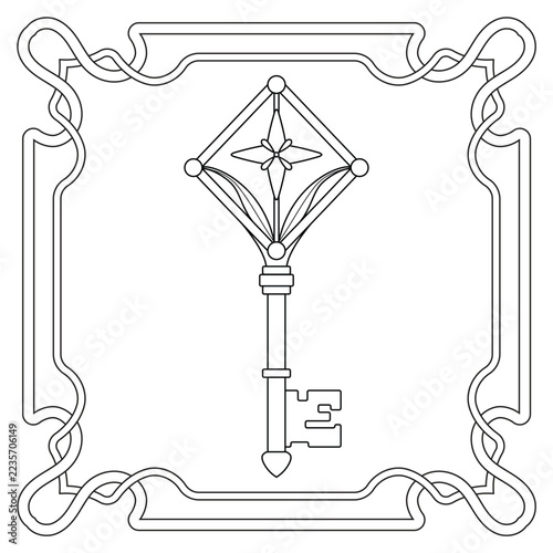 Hand Drawn Vintage Ornamental Skeleton Key with Floral Art Nouveau Design, Black and White Vector Line Art Illustration