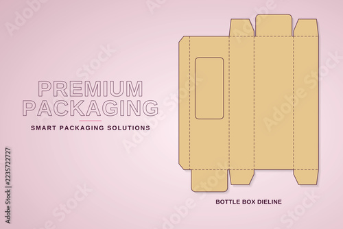Bottle box dieline template with die cut window for minimalist product packaging design layout.