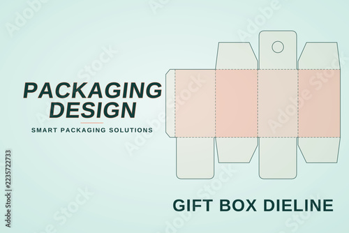 Gift box dieline layout with hanging tab and soft color palette for retail packaging design.