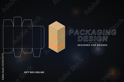 Gift box dieline template with isometric sample for modern branding and product packaging use.