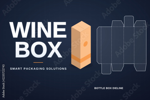 Wine box dieline template with isometric preview for premium beverage bottle packaging needs.
