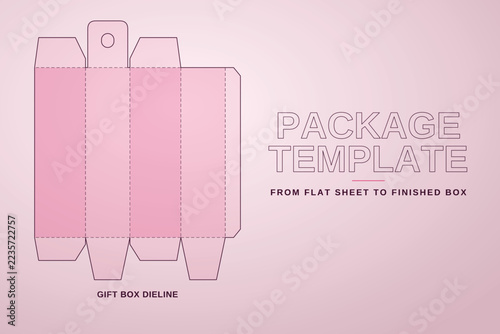 Gift box dieline layout template with folding crease lines and hanging hole on pink background.