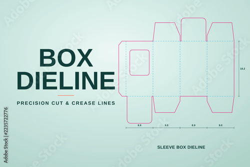 Sleeve box dieline template with transparent display window and exact measurement markings.