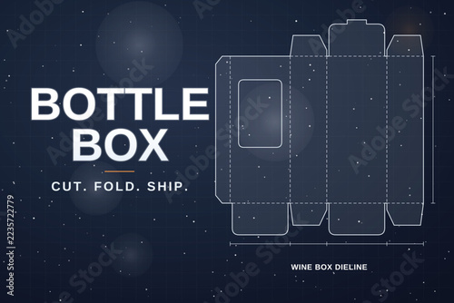 Bottle box dieline layout featuring clear window cutout and precise dimension line markings.