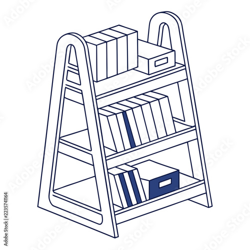 Simple outline of a three-tiered bookshelf with books and boxes  
