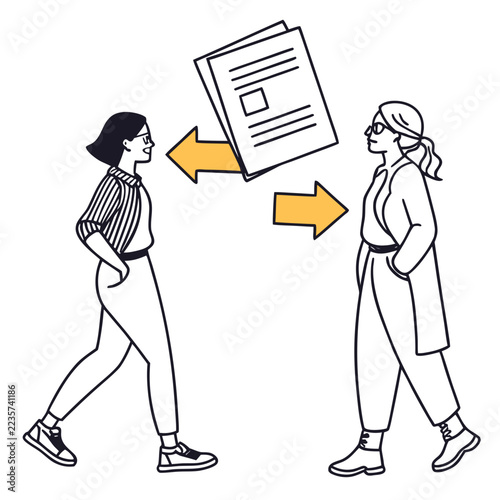 Two women exchanging documents in a professional setting  