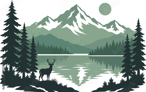 Mountain Landscape with Pine Forest Lake Reflection and Deer Silhouette Vector Illustration, Wilderness Nature Outdoors Travel and Camping Adventure Concept