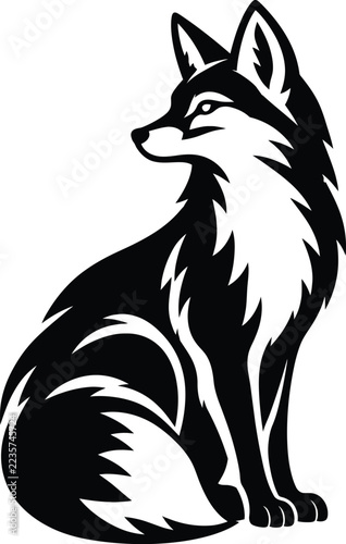 Sitting Fox Silhouette Line Art Vector Illustration, Wild Animal Predator Black and White Stencil Tattoo Mascot Emblem Concept   
