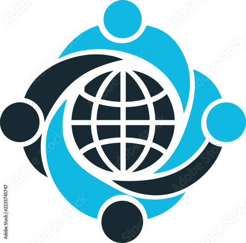 Global Community Diversity and Teamwork Logo with People Figures Circling Globe Vector Illustration, Worldwide Unity Organization Network and Non-Profit Concept   