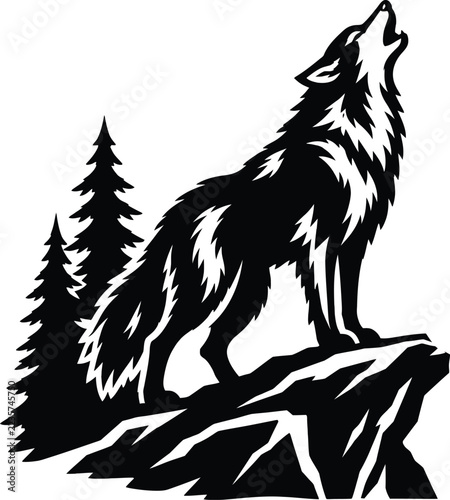 Howling Wolf on Cliff Rock with Pine Forest Silhouette Vector Illustration, Wild Animal Wilderness Nature Black and White Line Art Mascot Logo Concept